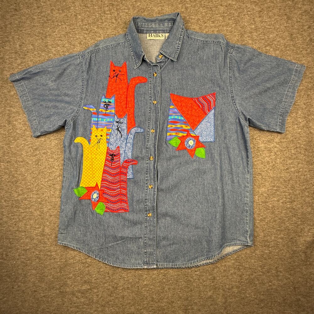 Haik's Vintage Denim Quilted Cat Applique Button Down Shirt Women's Large Cotton
